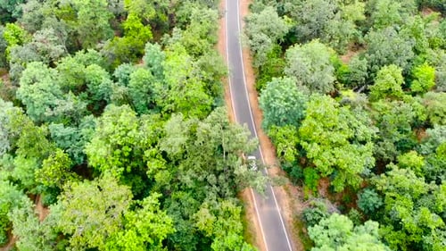 Luftaufnahme eines weißen Autos, das auf einer Landstraße im Wald fährt. Filmmusik Drohnenaufnahme über Schotter