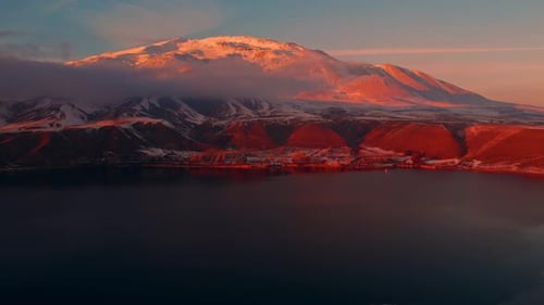 Clouds and Lake Over Snowy Mountains