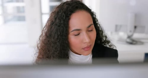 Search, computer and face of business woman in office for web design, analytics and planning