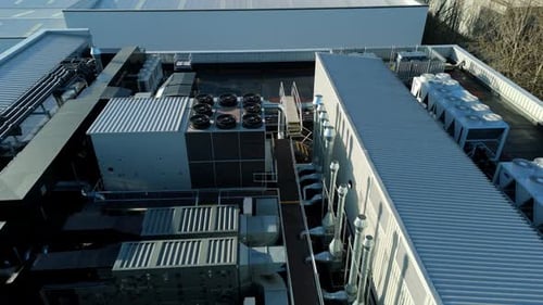 Aerial view of rooftop HVAC systems, United Kingdom.