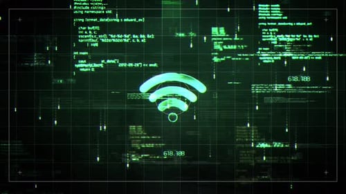 Futuristic Glitch WiFi Icon with Hacking Code Display