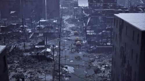 Tank March in Rainy Destroyed City