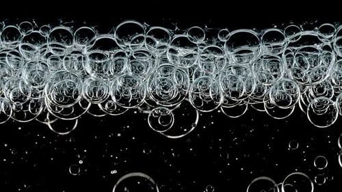 Macro Shot of Different Sized Clear Air Bubbles in Clear Water Rising Up on Black Background Body