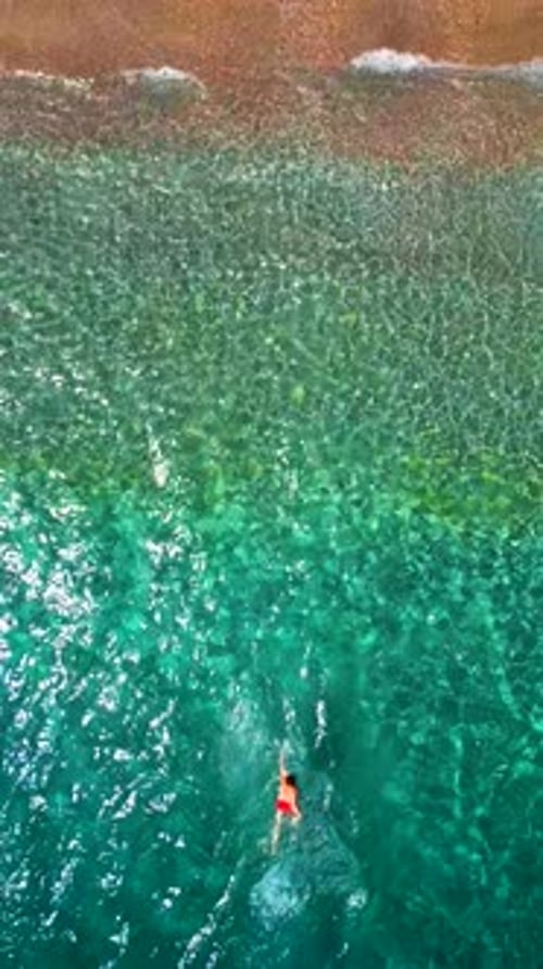 Man in Red Shorts Swims in the Clear Sea Top Down View