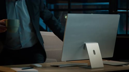 Smiling Businessman Sit at Office Table Bring Cup of Hot Drink Adult Middleaged Caucasian Man