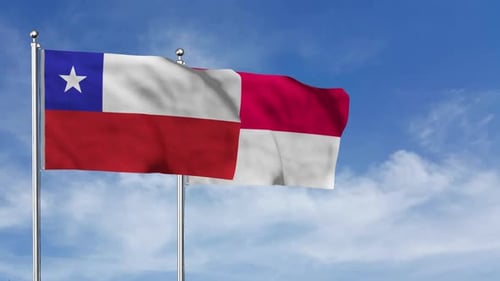 Chile and Indonesia Flags Waving in Wind