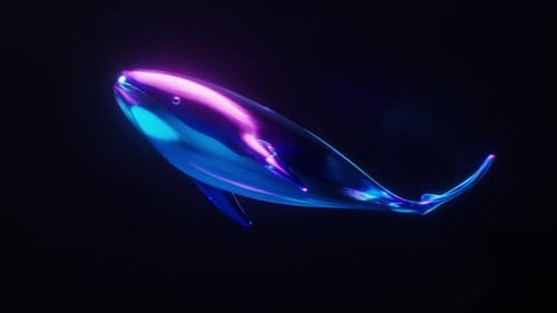 Neonglühender blauer Wal, Ozean, digitale Kunst, abstrakter 3D-Renderer, glänzende, glatte aquatische Lebensform, Cyberpunk