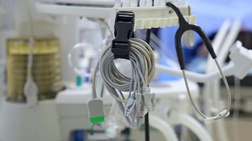 Faltdrähte von medizinischen Geräten und Stethoskopen, die im Operationssaal hängen.