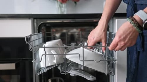 Girl Takes Clean Plate From Dishwasher