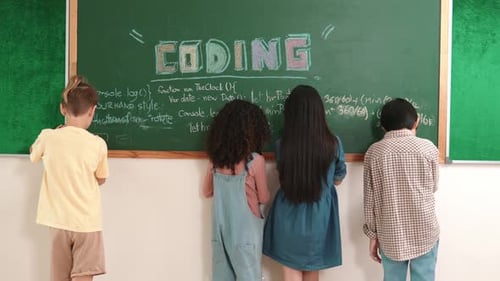 Back view of smart student writing coding engineering prompt at board. Pedagogy.