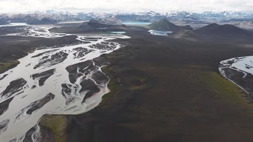 Aerial View of Braided Rivers on Volcanic Plain in Iceland