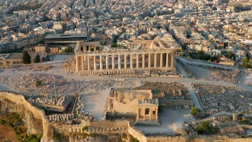 Aerial View Of Parthenon And Erechtheion At Acropolis Of Athens During Sunrise In Greece.