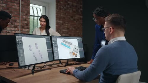 Male White Engineer Creating 3D Model of Engine for Spaceship in Office of International Company