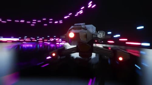 un vaisseau spatial passe sur Neon Highway, rendu 3D