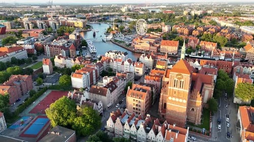 Aerial Drone Video Flying Over the Historic Tourist Center of Gdansk on a Summer Afternoon Poland