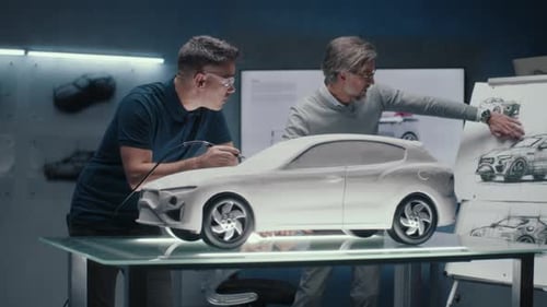 Two Men Collaborate on Car Design Model