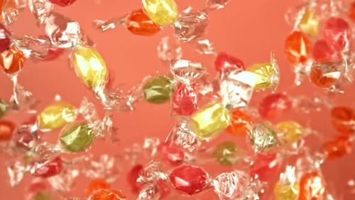 Colorful Wrapped Candies Slowly Rotating on Peach Background