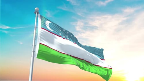 Realistic 3D Uzbekistan Flag Waving Against Blue Sky