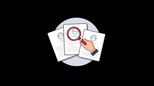 Animated Hand with Magnifying Glass Reviewing Resume Documents