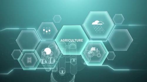 Robotic Hand Interacting with Futuristic Agriculture Hexagon Interface