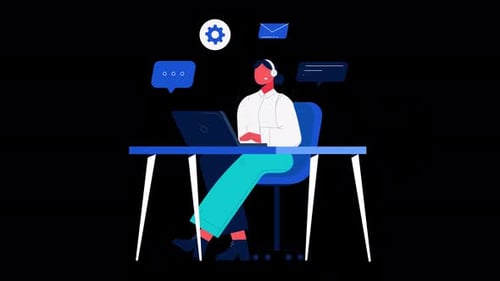 Flat Design Animated Character Working on Laptop with Communication Icons