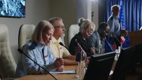 Female General Giving Speech on International Summit