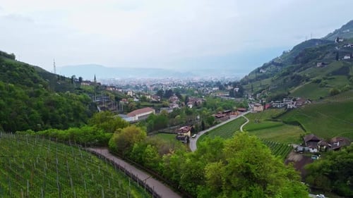 Cityscape with skyline of Bolzano city in Italy, old village travel destination