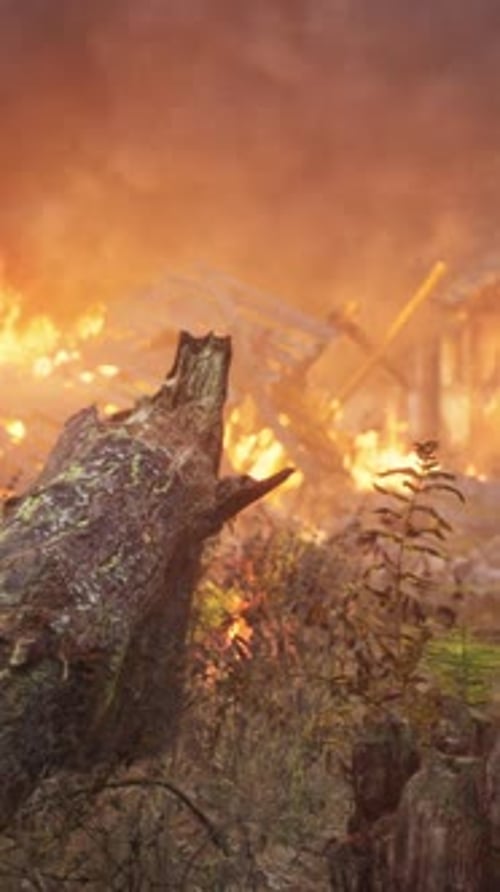 Burning Wooden House in Old Village