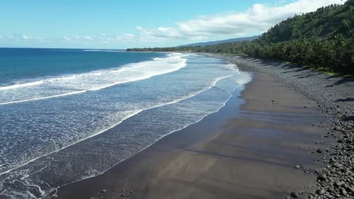 Black sand beach with waves crashing along the shoreline under a bright blue sky