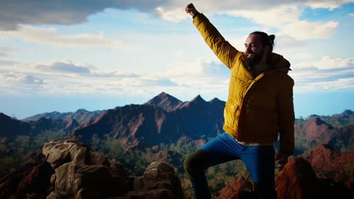 Proud Explorer Reaches the Top of the Mountain Feeling Satisfied