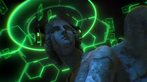 Futuristic Neon Music Angel Statue with Digital Headphone Visualizer