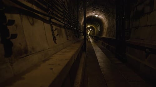 Ein dunkler Industrietunnel mit Rohren, gedämpftem Licht und einem langen Pfad, der in den Schatten übergeht.