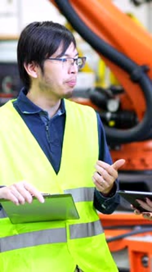 Des ingénieurs inspectent une chaîne de montage de bras robotiques