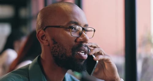 Face, phone call and business black man in office for communication, networking or negotiation