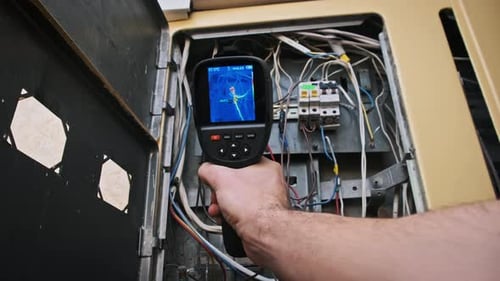 Electrical Technician Inspecting Wiring with Infrared Camera