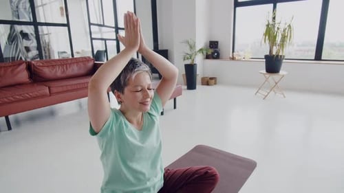 Old Woman Make Yoga Exercise at Home Mature Woman Have Meditation in Studio Relax Her Body and Mind