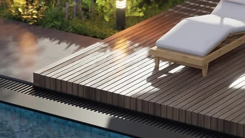Exterior design details, close-up shot, two sun loungers by the pool.