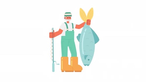 Animated Flat Design Fisherman Holding Large Fish Illustration