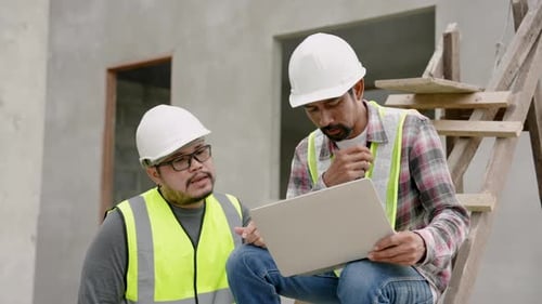 Asian male engineer wearing reflective vest, safety helmet, in construction zone for work safety, ma