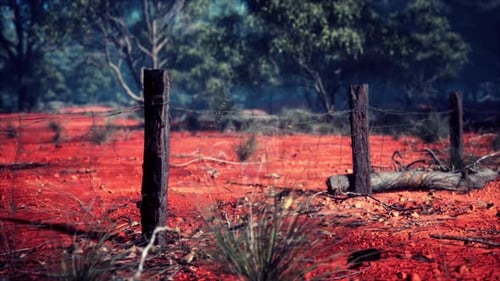 Rustic Barbed Wire Fence in Red Soil Landscape