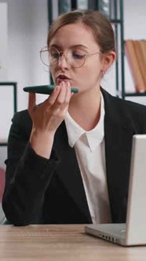 Young Business Woman Working Have Mobile Phone Talk at Office Workplace Using Messenger Chat Apps