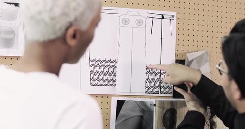 Fashion designers choosing fabrics together