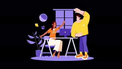 Modern Corporate Illustration with Waving Colleagues in Office