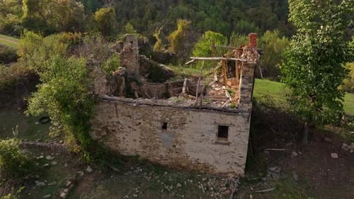 Aerial view of abandoned village in greenery, Bulgaria.