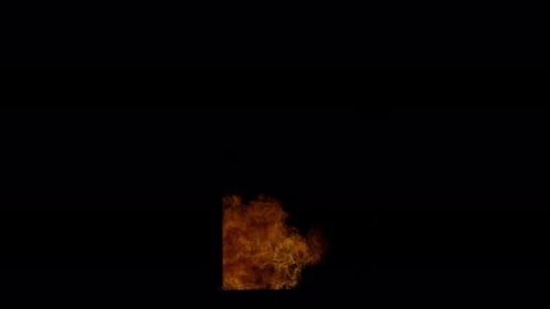 Burn Sammlung: Eine 4k-Aufnahme eines Feuerballs, der in der Mitte eines Türrahmens auf schwarzem Hintergrund ausbricht