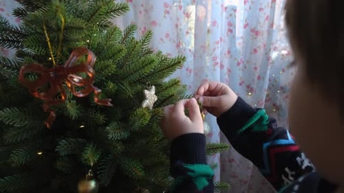 Child Decorating Christmas Tree at Home