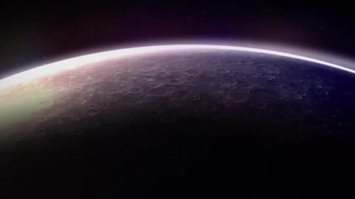 Superfície do planeta com crateras e atmosfera brilhante no espaço sideral