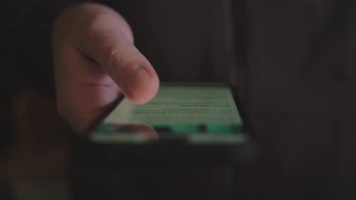 Man Hand Holding Cell Phone Touch Screen Scroll News Page Using App Smartphone Mobile Phone Device