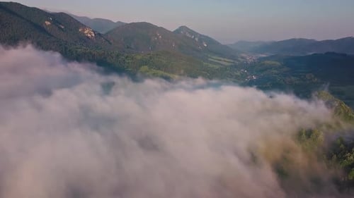 Aerial View of Rolling Fog Over Forest Landscape