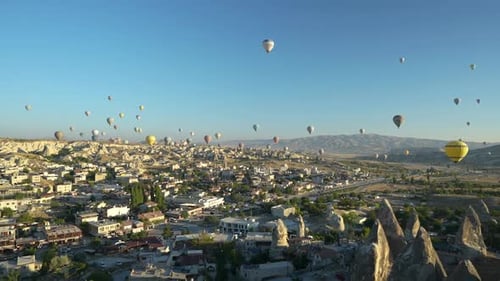 Panoramic View of Hot Air Balloons Flying Above Cappadocia and Goreme, Turkey